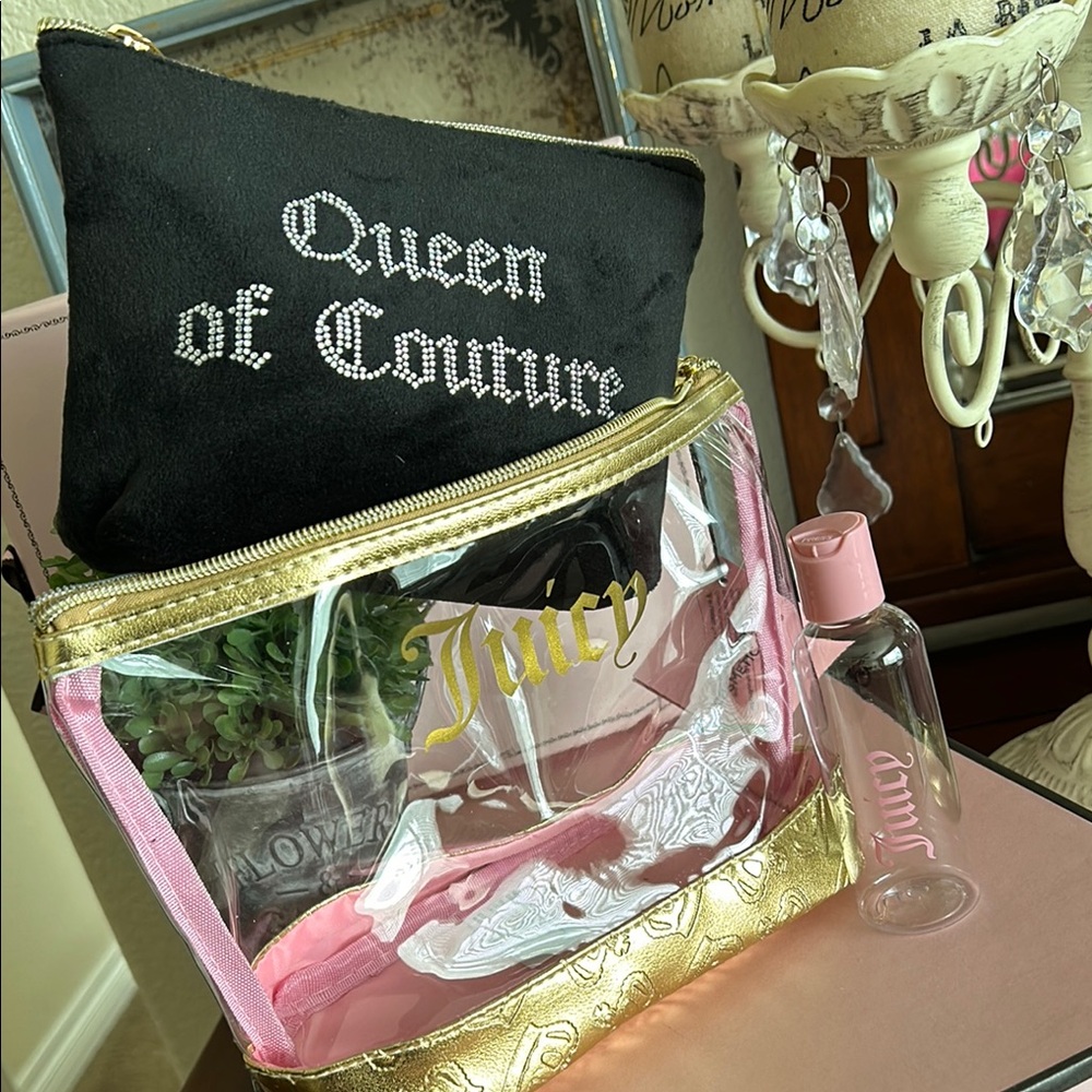 Juicy Couture Clear and Gold Cosmetic Bag Set with black velour pouch